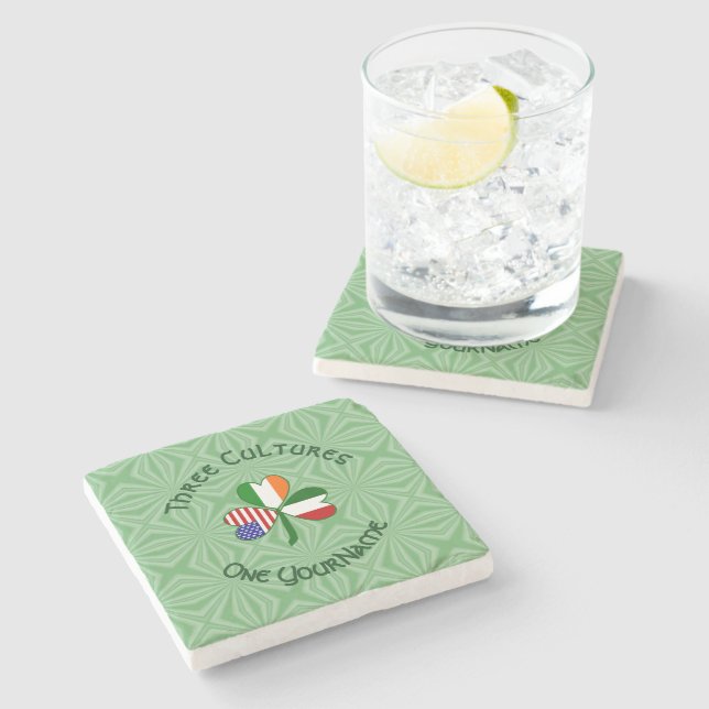 Italian Irish American Flags Shamrock Your Name Stone Coaster (Side)