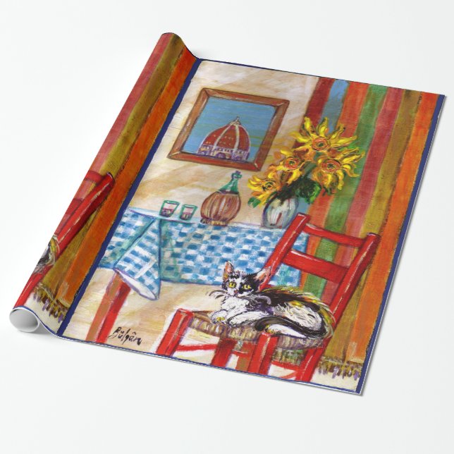 ITALIAN KITCHEN IN FLORENCE ,SUNFLOWERS AND CAT WRAPPING PAPER (Unrolled)