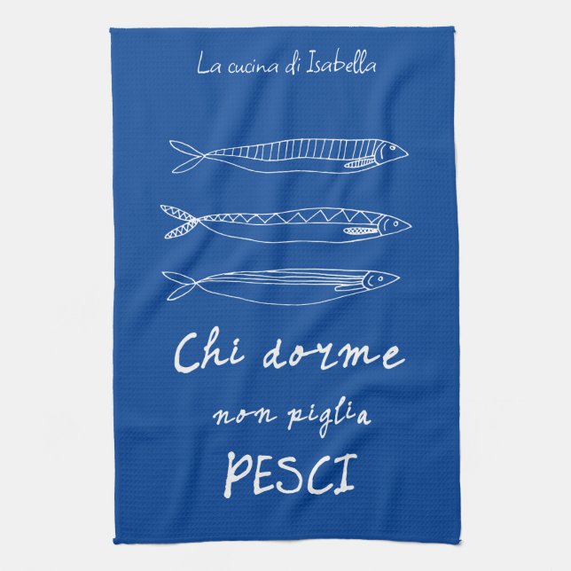 Italian kitchen sardines italy quote drawing blue towel (Vertical)