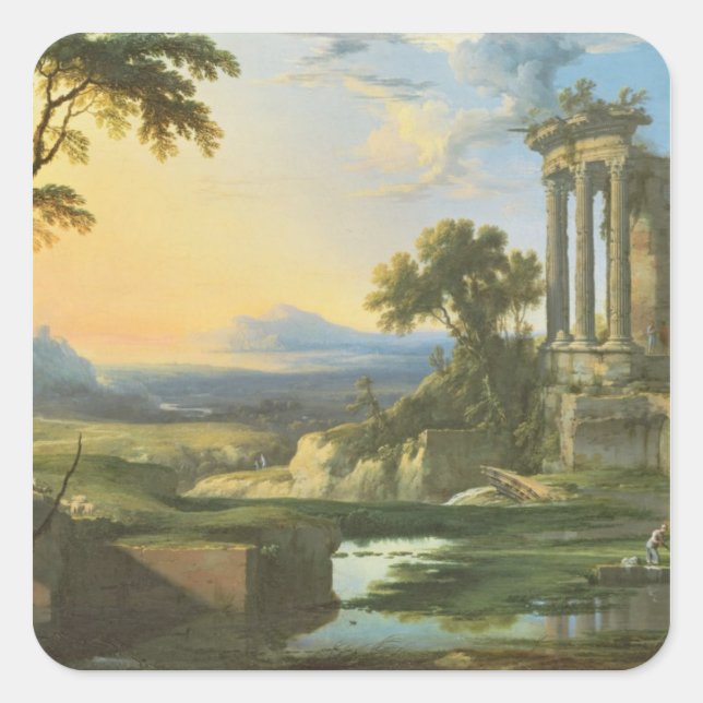 Italian landscape with ruins square sticker (Front)