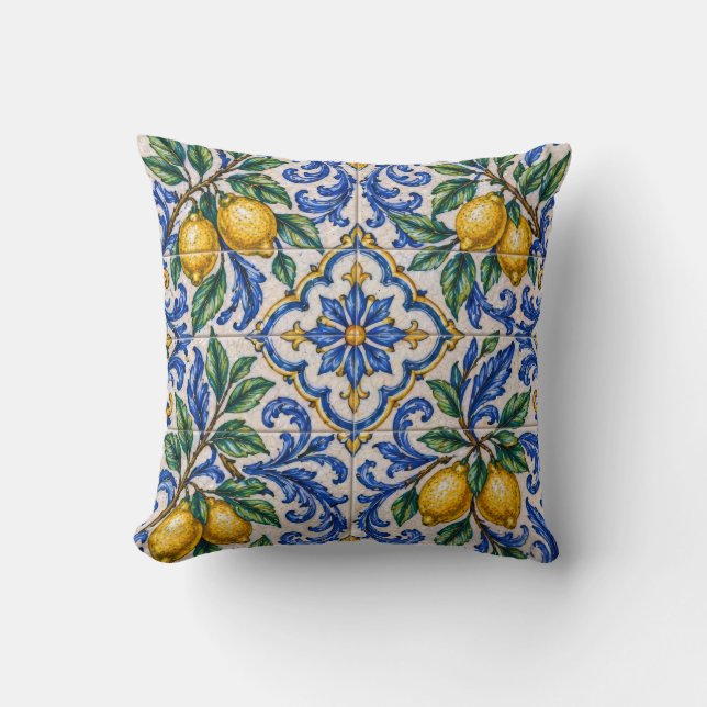 Italian Lemon Azulejo Tile Throw Pillow (Front)