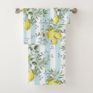 Italian Lemon Blossom Floral Stripe Mediterranean  Bath Towel Set