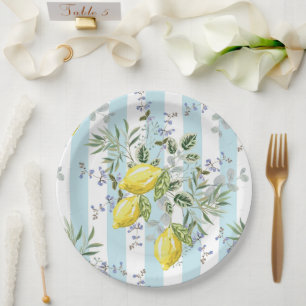 Italian Lemon Blossom Floral Stripe Mediterranean  Paper Plate