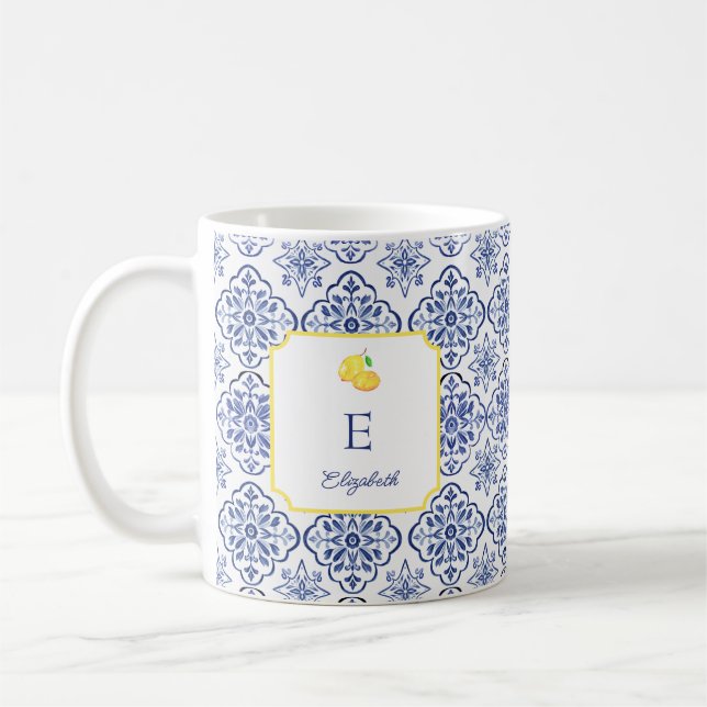 Italian Lemon Blue Tile Monogram Mediterranean Coffee Mug (Left)