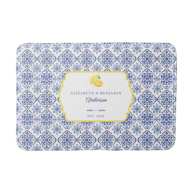 Italian Lemon Blue Tile Personalized Mediterranean Bath Mat (Front)