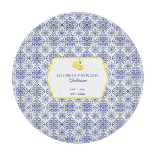Italian Lemon Blue Tile Personalized Mediterranean Cutting Board