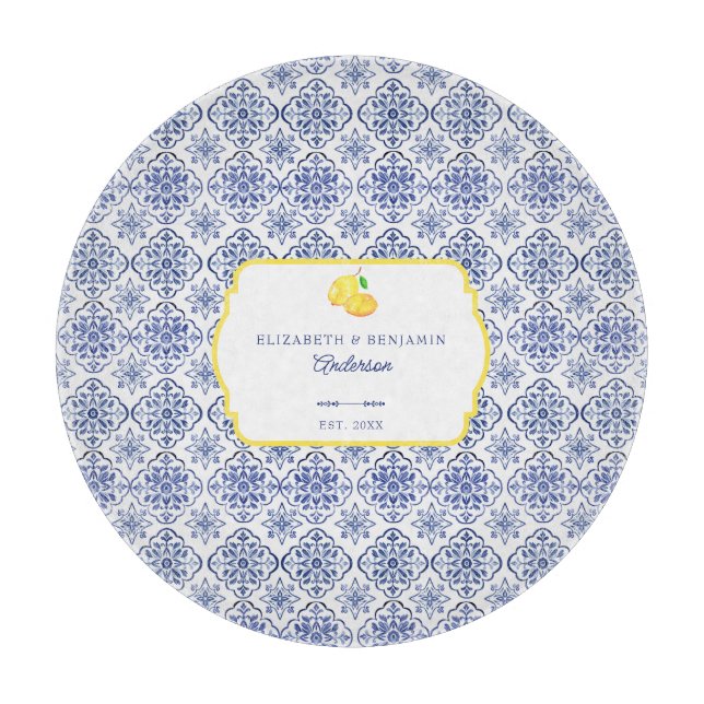 Italian Lemon Blue Tile Personalized Mediterranean Cutting Board (Front)