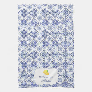 Italian Lemon Blue Tile Personalized Mediterranean Kitchen Towel