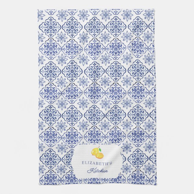 Italian Lemon Blue Tile Personalized Mediterranean Kitchen Towel (Vertical)