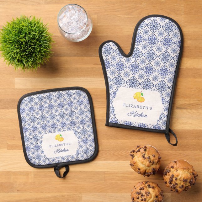 Italian Lemon Blue Tile Personalized Mediterranean Oven Mitt & Pot Holder Set (Top Down)