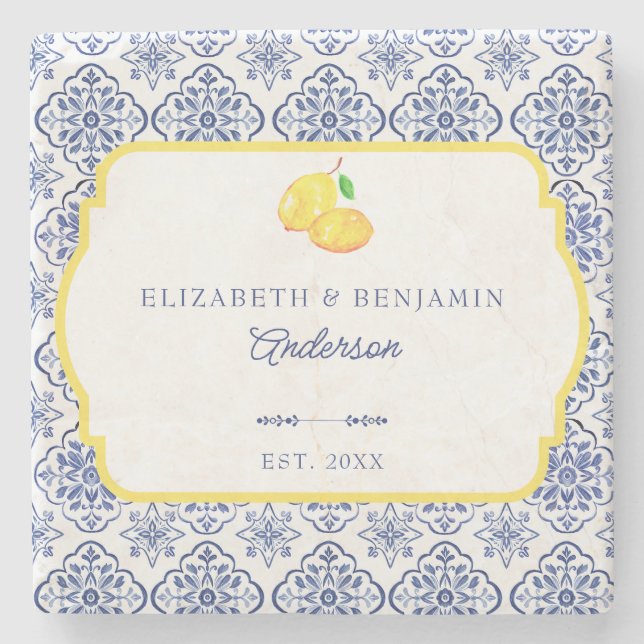 Italian Lemon Blue Tile Personalized Mediterranean Stone Coaster (Front)