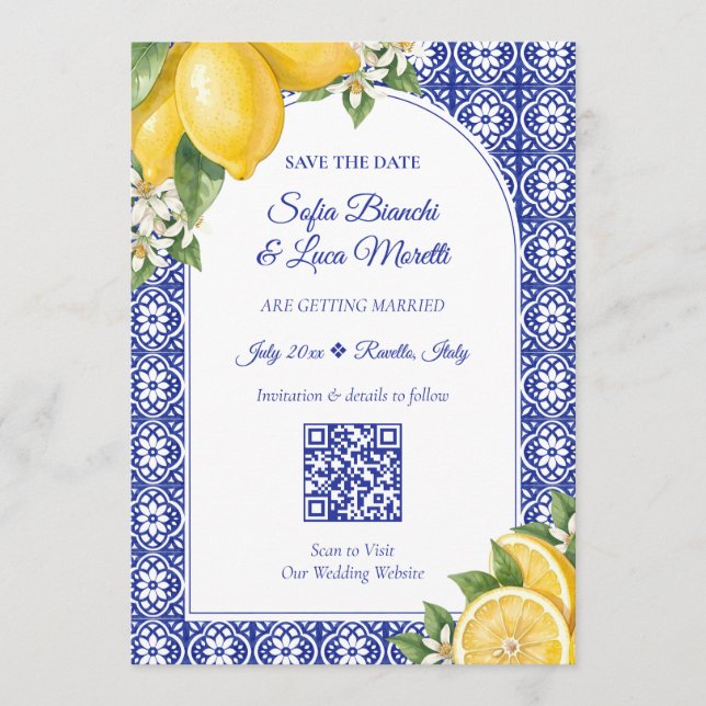 Italian Lemon Blue Tile Save the Date Wedding Invitation (Front)