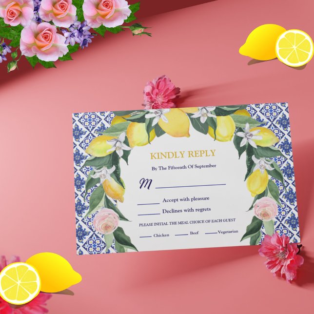 Italian Lemon Blue Tiles Mediterranean Wedding  RSVP Card (Creator Uploaded)