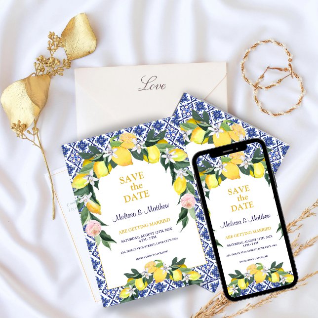 Italian Lemon Blue Tiles Mediterranean Wedding   Save The Date (Creator Uploaded)