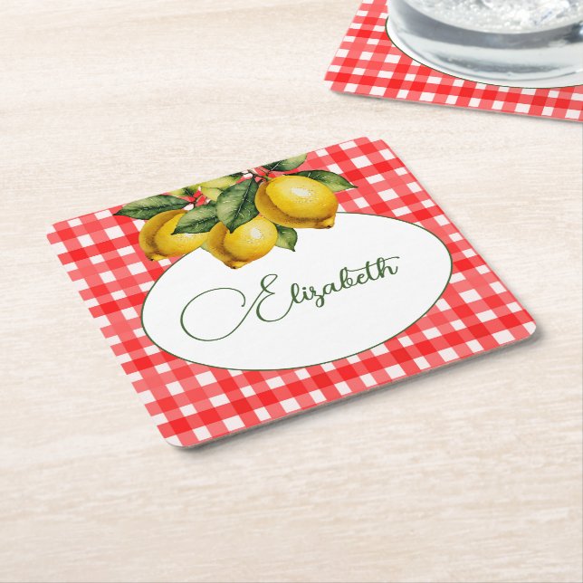  Italian Lemon Botanical Red White Pattern Square Paper Coaster (Angled)