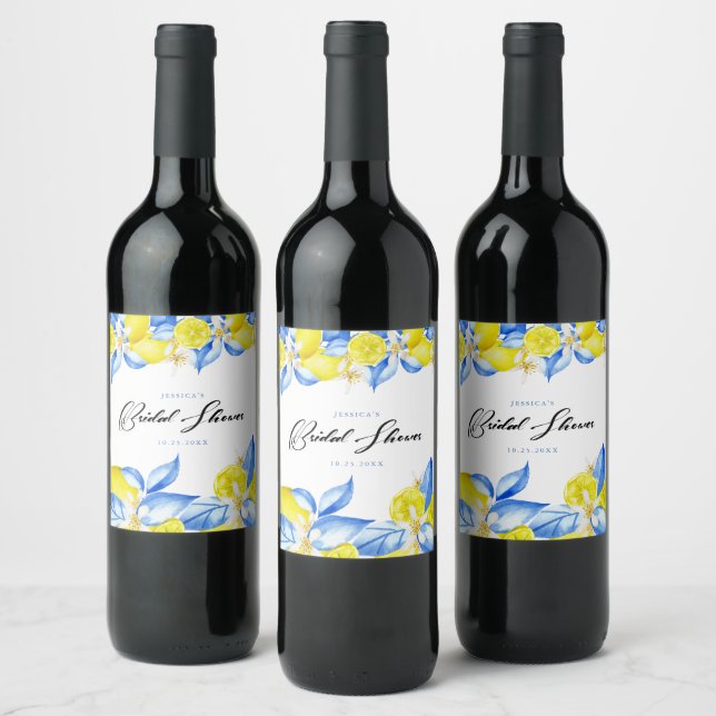 Italian Lemon Floral Bridal Shower  Wine Label (Bottles)
