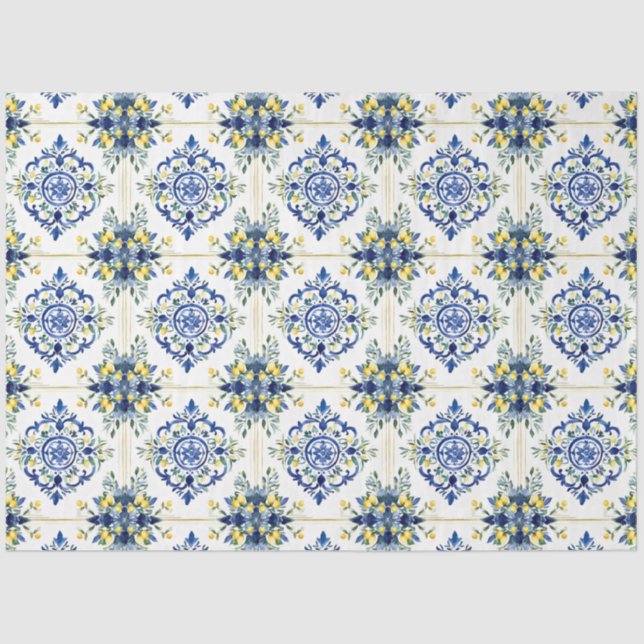 Italian Lemon Floral Tile Blue and White Decoupage Tissue Paper (Front)
