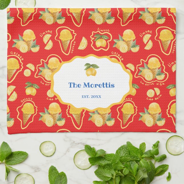 Italian Lemon Gelato Pattern Personalized Monogram Kitchen Towel (Folded)