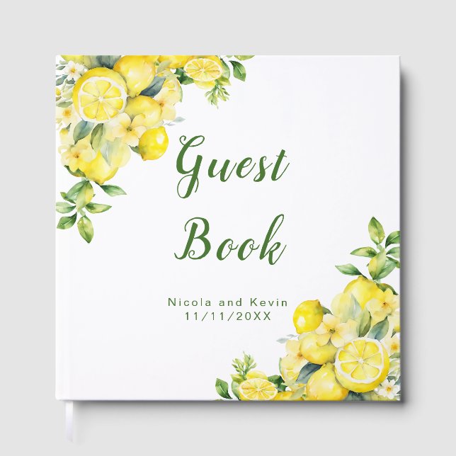 Italian Lemon Greenery Frame Wedding Guest Book (Front)
