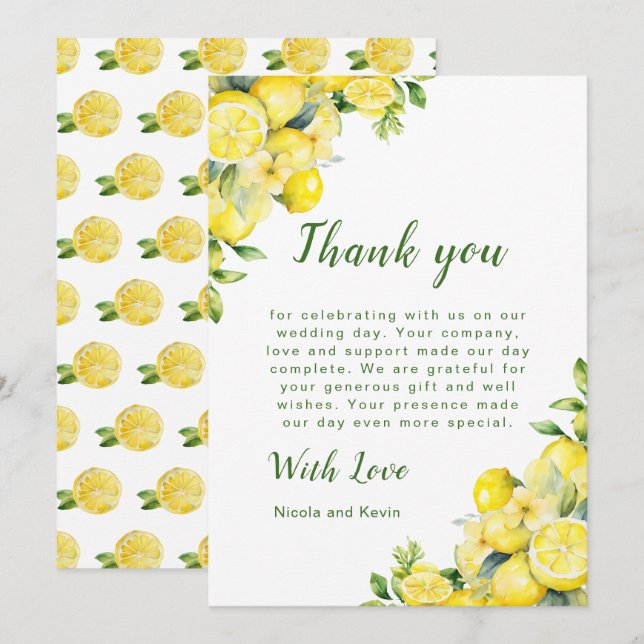 Italian Lemon Greenery Frame Wedding Thank You Card (Front/Back)