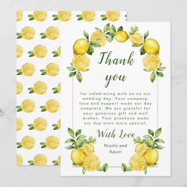 Italian Lemon Greenery Frame Wedding Thank You Card (Front/Back)