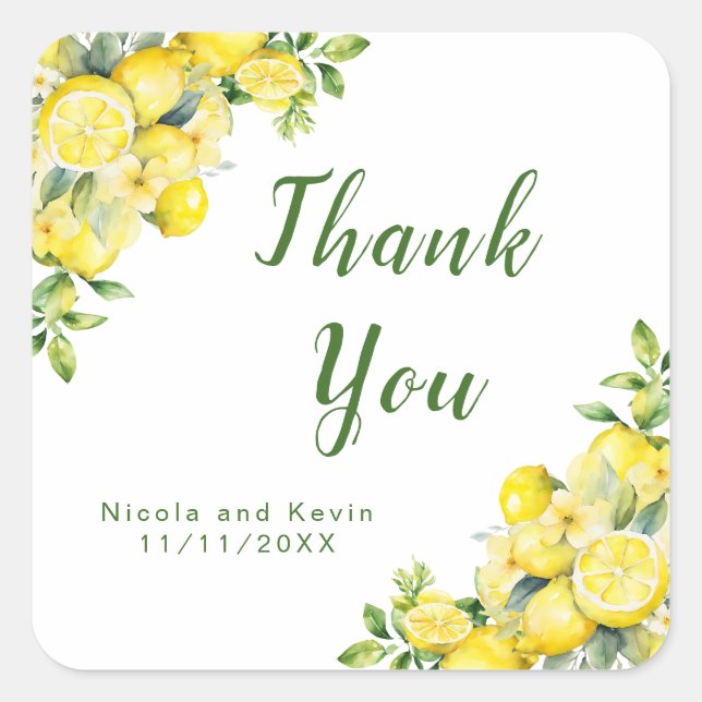Italian Lemon Greenery Frame Wedding Thank You Square Sticker (Front)