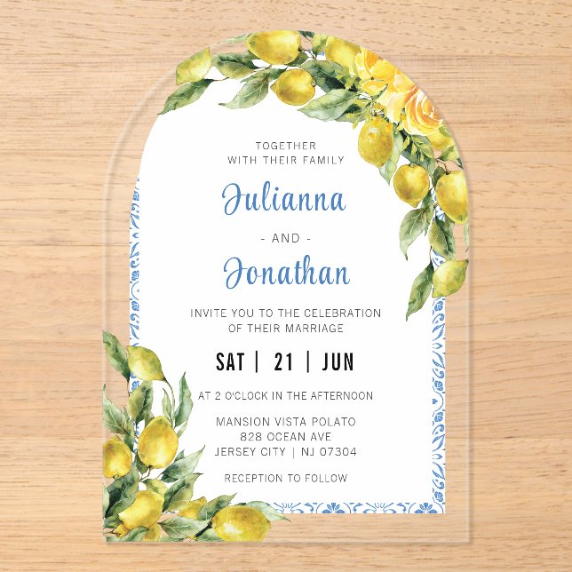 Italian Lemon Wedding Acrylic Invitation (Front)