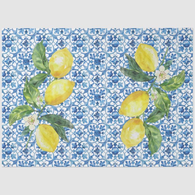 Italian Lemons Blue White Tile Decoupage  Tissue Paper (Front)