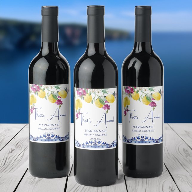 Italian lemons bougainvillea bridal shower favour wine label (That's amore Italian lemons bougainvillea citrus bridal shower favors personalized  wine labels)