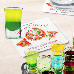 Italian Love & Pizza Party Slice Bridal Shower Square Paper Coaster