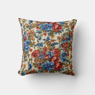Italian Lush Red and Blue Flowers with Lush Leaves Throw Pillow
