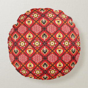 Italian Majolica: Embroidered Floral Tile. Round Pillow