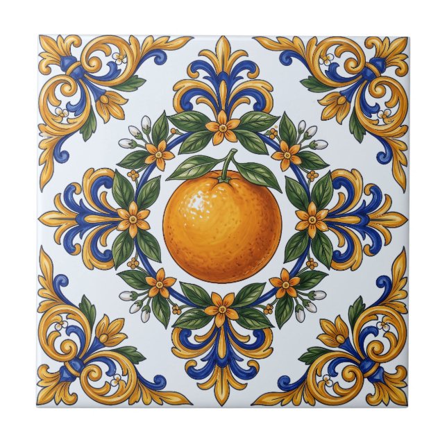 Italian Majolica Orange Citrus Design Tile (Front)