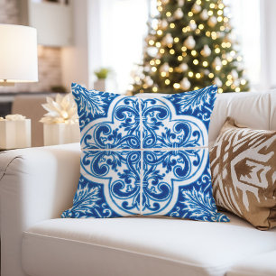 Italian majolica pillow, sicilian ceramic tiles throw pillow
