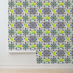 Italian Majolica Style Lemon Tile Pattern Wallpaper