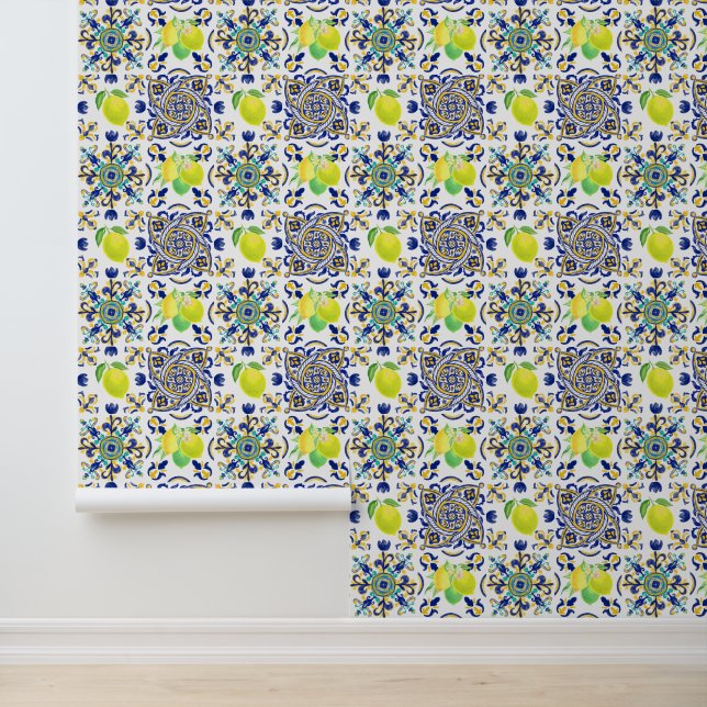 Italian Majolica Style Lemon Tile Pattern Wallpaper (Application)