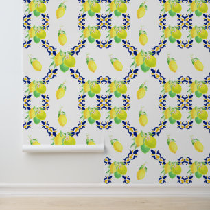 Italian Majolica Style Lemon Tile Pattern Wallpaper