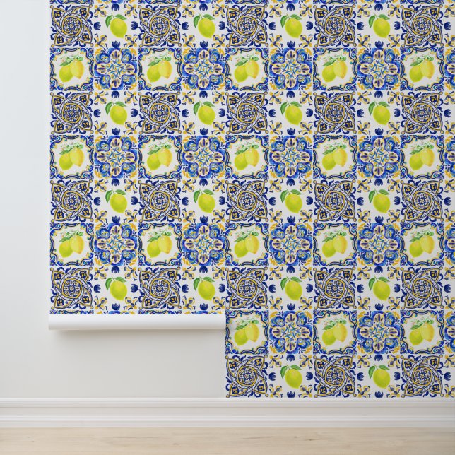 Italian Majolica Style Lemon Tile Pattern Wallpaper (Application)