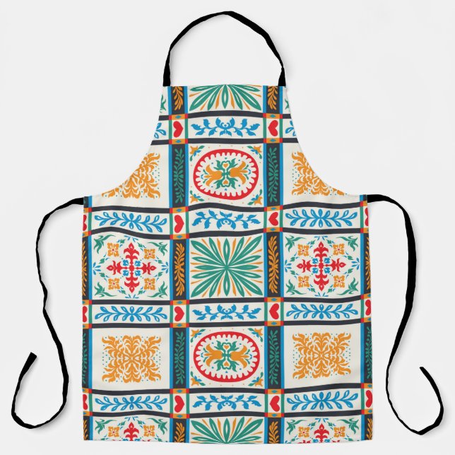 Italian majolica tile. Embroidery with flowers and Apron (Front)