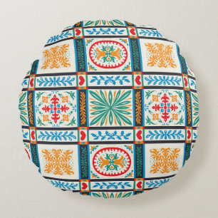 Italian majolica tile. Embroidery with flowers and Round Pillow
