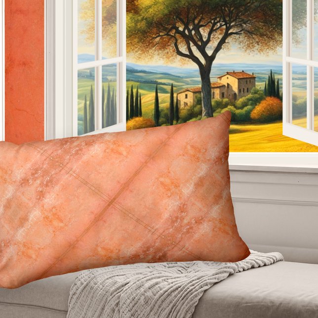 Italian Marble Style Geometric Pattern Pillow (Pillow featuring a geometric pattern based on a painted marble wall design in warm terra cotta)