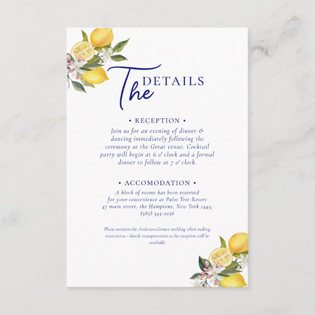 Italian Mediterranean Tile & Lemon Wedding   Enclosure Card (Front)