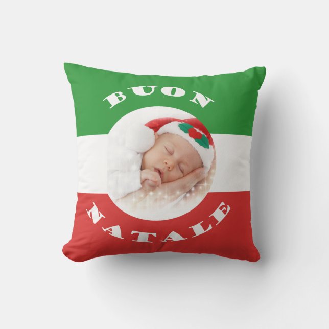 Italian Merry Christmas Buon Natale with Photo Throw Pillow (Front)