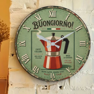 Italian Moka Pot Coffee Kitchen Decor Large Clock