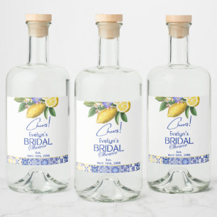 Italian Mosaic Blue Tile & Lemons Bridal Shower Liquor Bottle Label