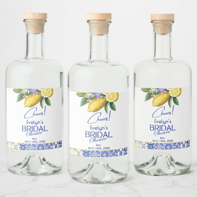 Italian Mosaic Blue Tile & Lemons Bridal Shower Liquor Bottle Label (Bottles)