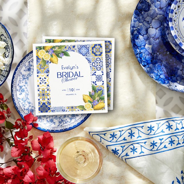 Italian Mosaic Blue Tile Lemons Bridal Shower Napkin (Creator Uploaded)
