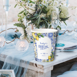 Italian Mosaic Blue Tile Lemons Bridal Shower Paper Cups