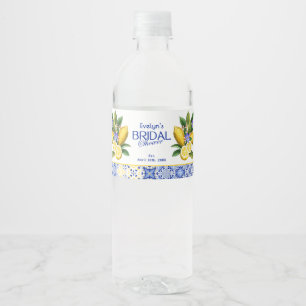 Italian Mosaic Blue Tile & Lemons Bridal Shower Water Bottle Label