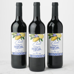 Italian Mosaic Blue Tile & Lemons Bridal Shower Wine Label